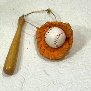 Baseball Christmas Ornament Holiday Leather Mitt Glove Ball Wooden Bat 7" Decor